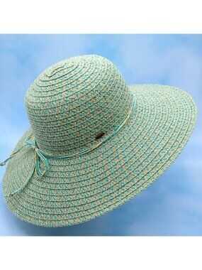 C.C. Exclusives Straw Wide Brim‎ Adjustable Sun Hat Turquoise and Tan